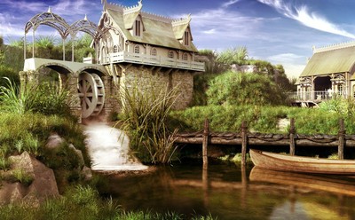 VLIES Fototapete-ZWERGENMÜHLE-(1327ah)-Märchen Fantasie Games Computerspiel