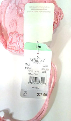 Affinitas bra Women's 32B pink padded underwire embroidery New with tags - 第 4/8 張圖片