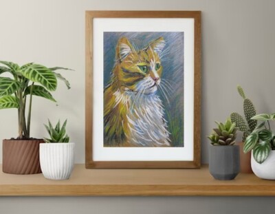 Original oil pastels painting Stray Cat Portrait Adopt Me wall art from artist