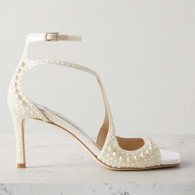 New JIMMY CHOO Azia 75 faux pearl-embellished satin sandals $2,595