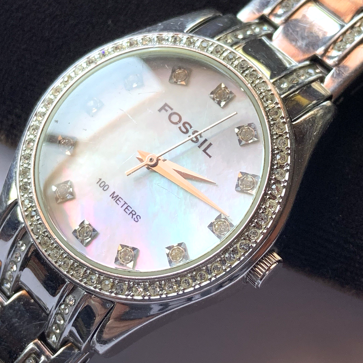 Fossil Blue Watch Mother of Pearl Dial Crystal Rhinestone Bezel