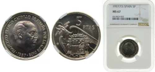 Spain 1957 *73 5 Pesetas Copper-nickel (75% copper, 25% nickel) NGC MS 67