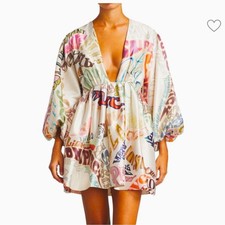 NWT Zimmermann Ladybeetle Word Print Silk Mini Dress Deep V Resort Kaftan