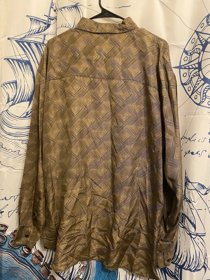 Bachrach Mens Silk Long Sleeve Shirt XL Button Up Geometric Brown Black - Image 2 of 4