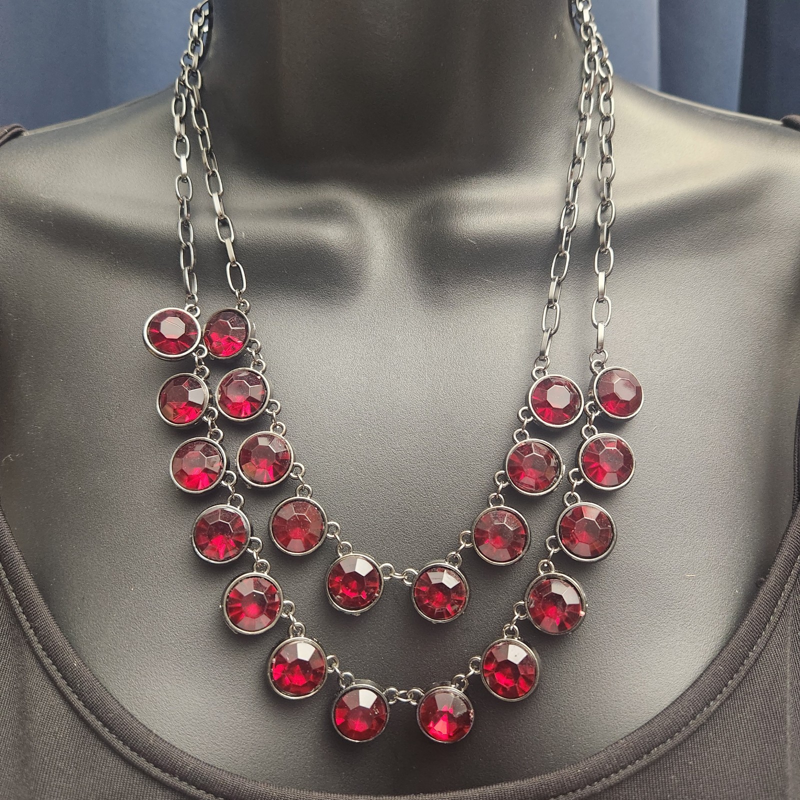 Vintage Ruby Red Rhinestone Statement Necklace 21… - image 1