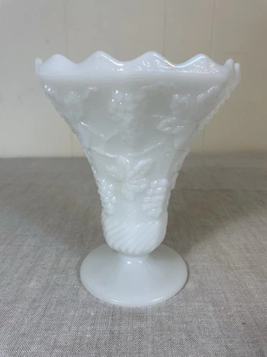 White Milk Glass Vase Indiana Colony Harvest Grape Vtg Fluted  10" ruffled foot