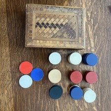 Lot Of Bakelite Poker Chips 75  3 Big Blind Chips PLUS Inlayed Wood Box VTG