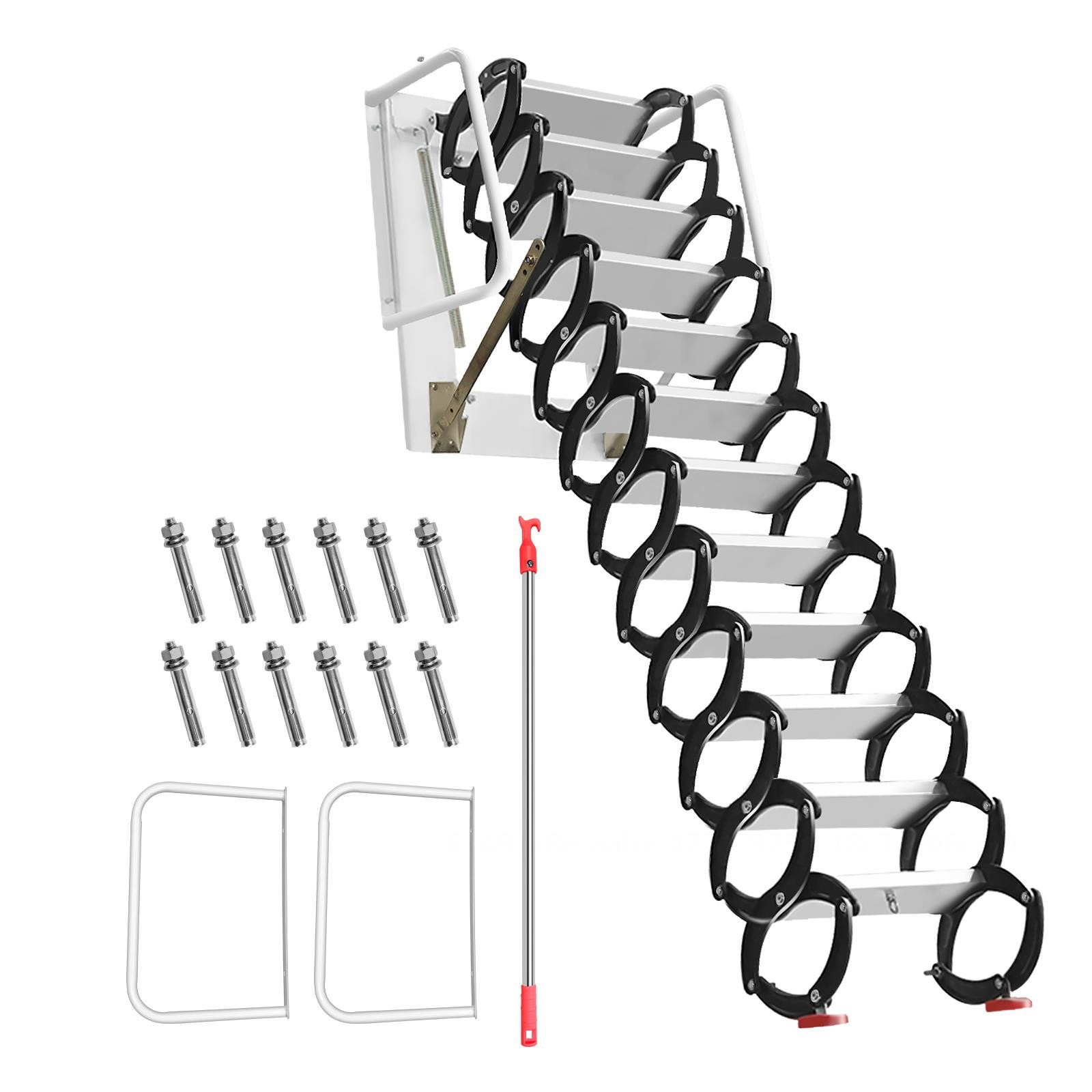 12 Steps Pull Down Attic Stairs Retractable Attic Ladder Folding Stairs White-image