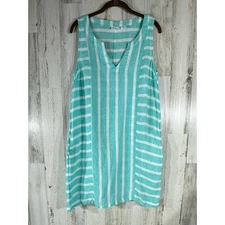 Sigrid Olsen Womens Shift Dress Small Aqua White Stripe Linen Sleeveless Pockets