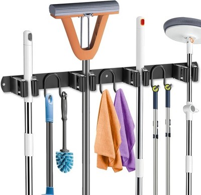 Broom Holder Wall Mount Stainless Steel Mop Hanger W/ 4 Slots 6 Hooks
