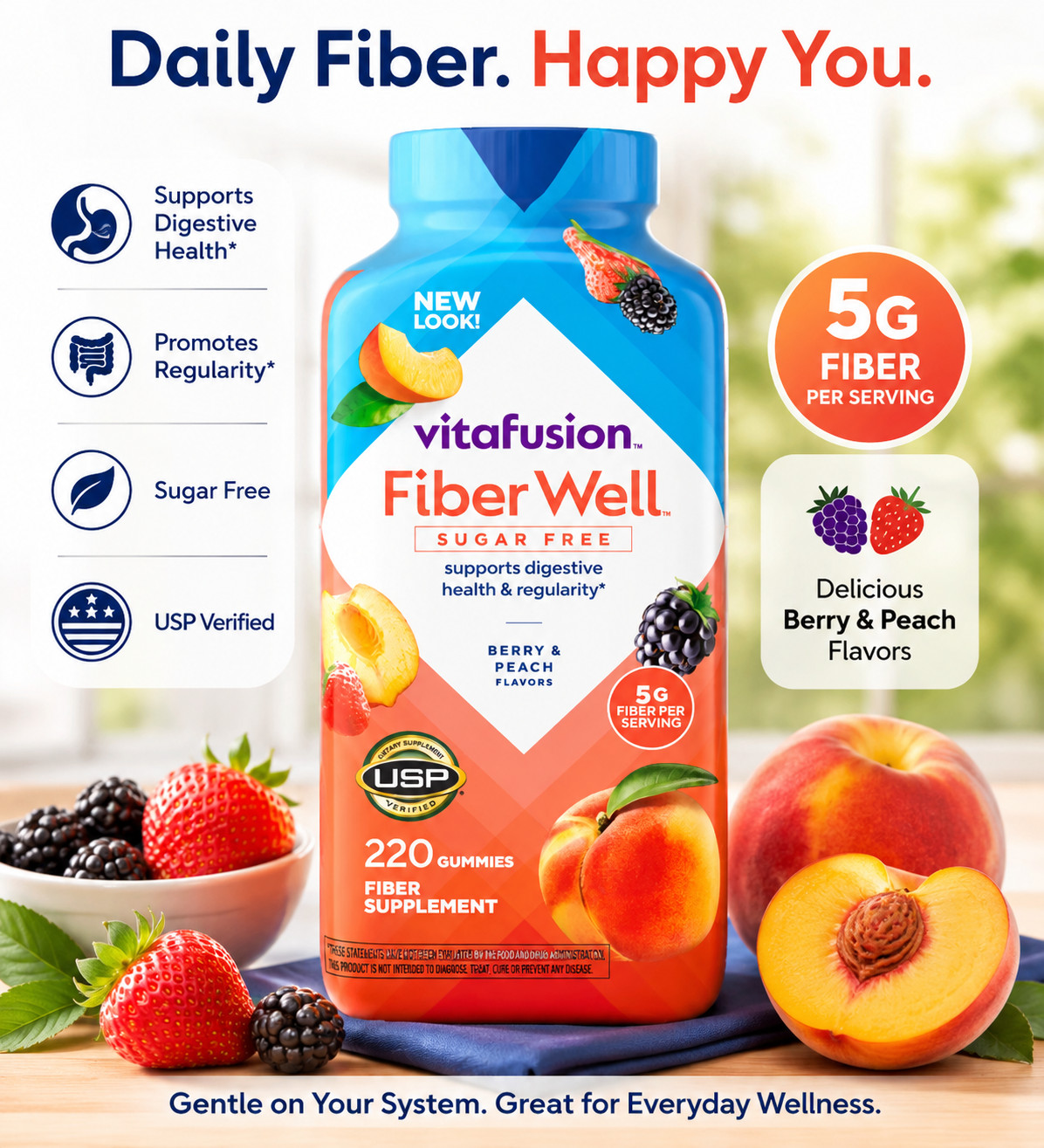 Vitafusion Fiber Well Sugar Free Gummies 220 Count Berry & Peach 2027/11