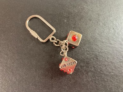 Vintage Las Vegas Souvenir Metal Dice Keychain Silver tone with red rhinestones