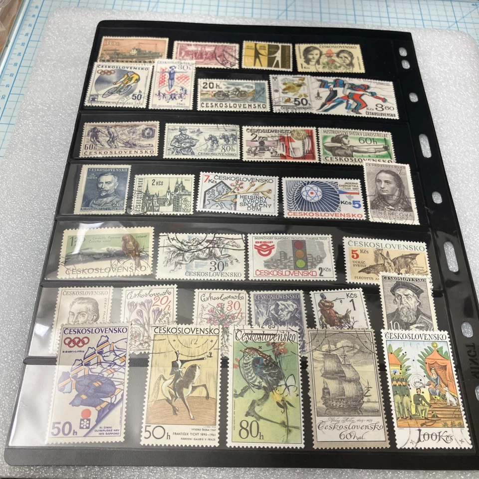 65+ Vtg USED Czechoslovakia 1955-1985 Colorful Stamps, on Plastic Stamp Sheet. - Image 2 of 4