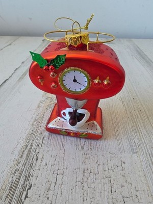 Expresso coffee machine glass ornament red glitter Xmas tree