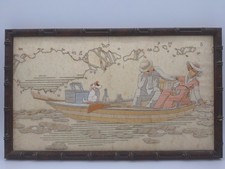 Embroidered Picture Edwardian Style Lady and Man with Dog Antique Vintage Framed