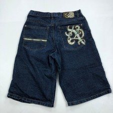 Southpole Mens 34 Baggy Denim Shorts Blue Y2K Plaid Applique Jorts Streetwear