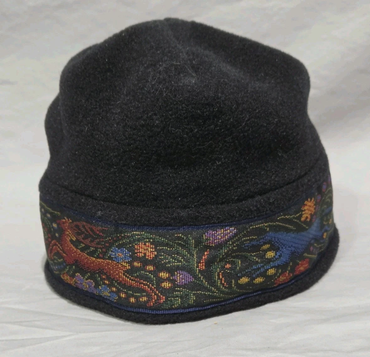 The Mad Hatter of Jackson Hole Fleece Cloche Hat Black Tapestry Band Stag Horse
