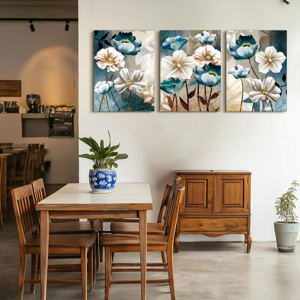 Arte de parede de lona grande para sala de estar, fotos florais azuis decoração de parede para di... - Imagem 2 de 4