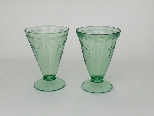 ANCHOR HOCKING DEPRESIÓN VIDRIO CAMAFEO VERDE PATAS DE ROSA 2 VASOS - Imagen 2 de 8