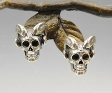 Handmade Sterling Silver Devil Demon Skull Horn Stud Post Earrings Gothic Punk