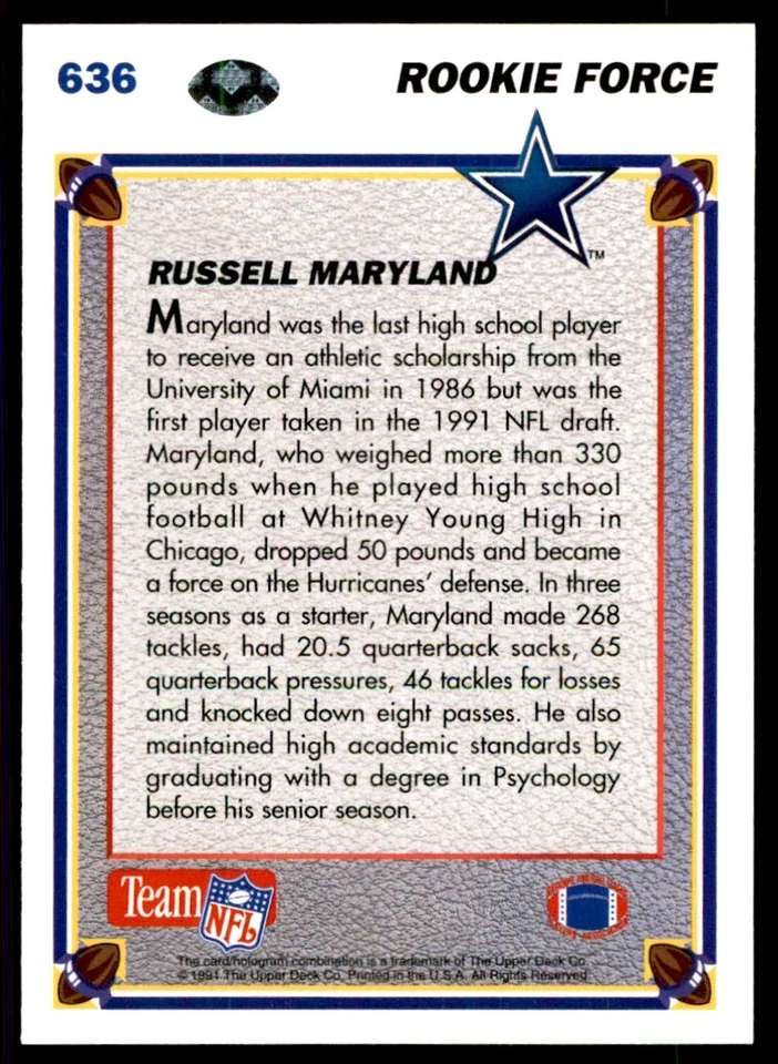 1991 UPPER DECK HIGH # SERIESS RUSSELL MARYLAND ROOKIE DALLAS COWBOYS #636 - Image 2 of 2