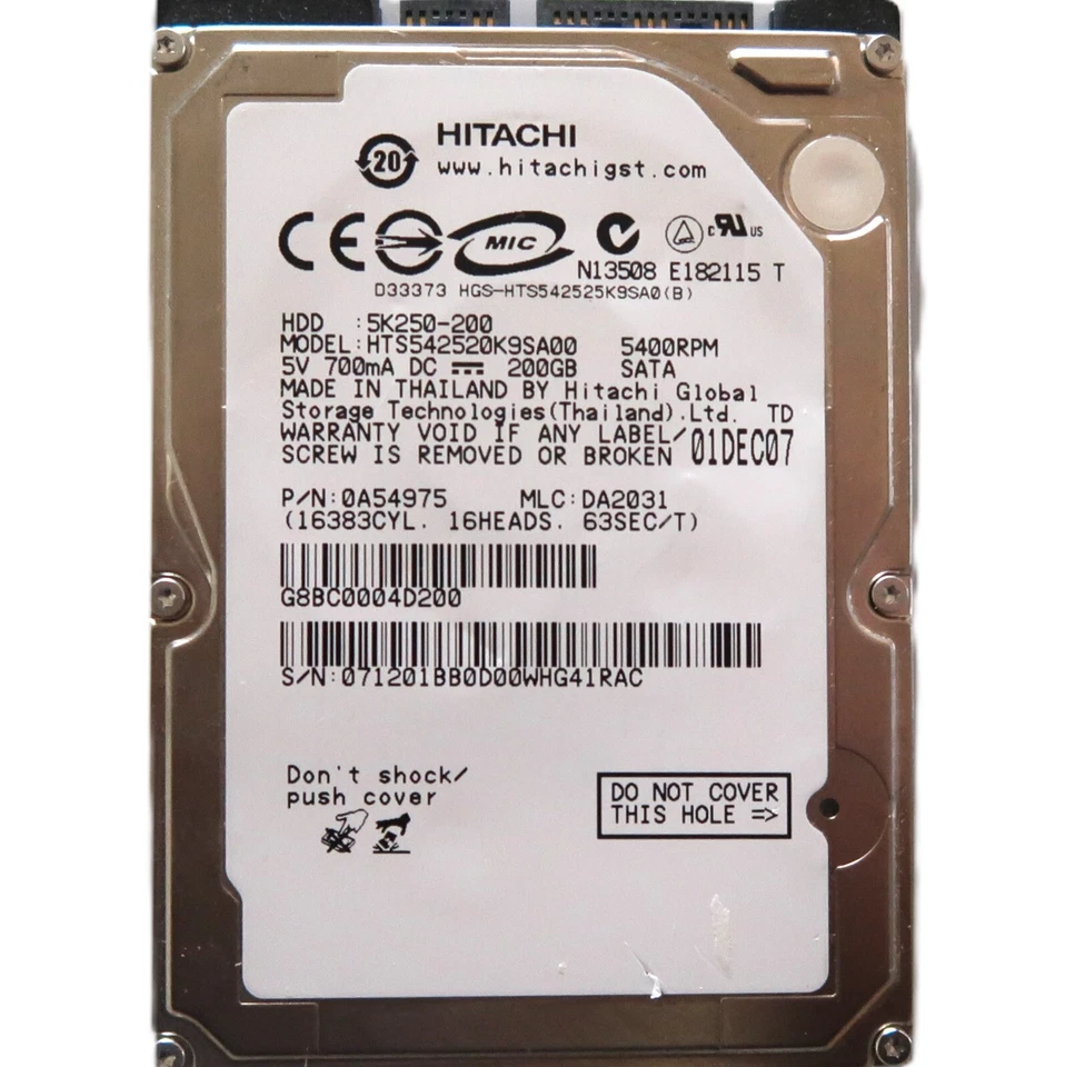 Hitachi HTS542520K9SA00 0A54975 DA2031 (071) Thailand 2.5" 200gb Sata HDD 2007 - Image 2 of 2