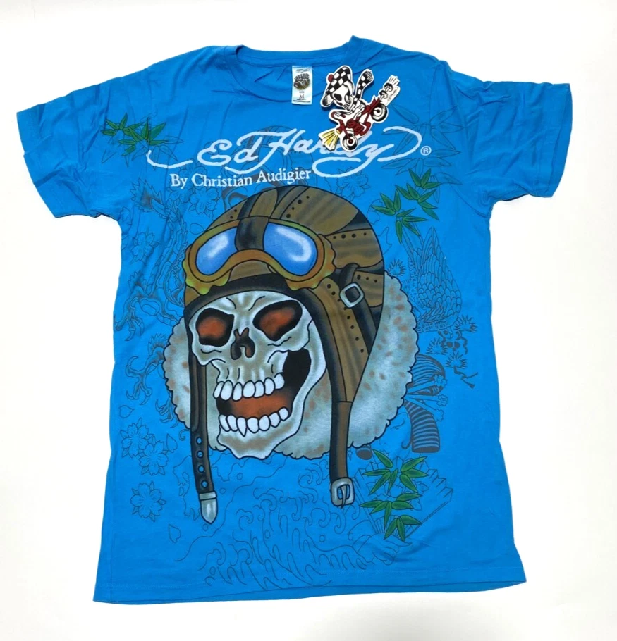 T-shirt Ed Hardy Homme Big Wave Brodé - Taille XL Bleu Clair - 100% Coton - Neuf Avec étiquettes