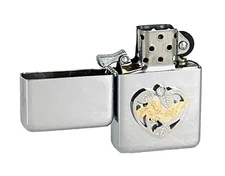 Cardinal Bird Gold & Silver Heart Flip Top Chrome Oil Lighter Wind Resistant