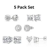 Sterling Silver Cubic Zirconia CZ Studs Earrings For Ladies 5Pk Set GREAT VALUE