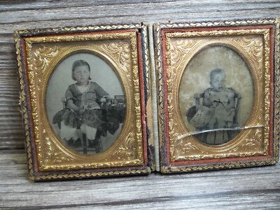 Daguerreotype photo 2 little girl one each photo sisters different ages     PC1P