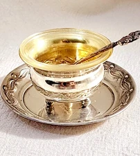 OPEN SALT CELLAR WITH SPOON 800 SILVER REPOUSSE LEAVES DECORATION BY HAZORFIM.