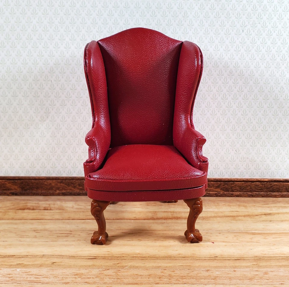 Miniature Wing Back Arm Chair Dark Red 1:12 Scale Furniture Faux Leather - Image 2 of 4