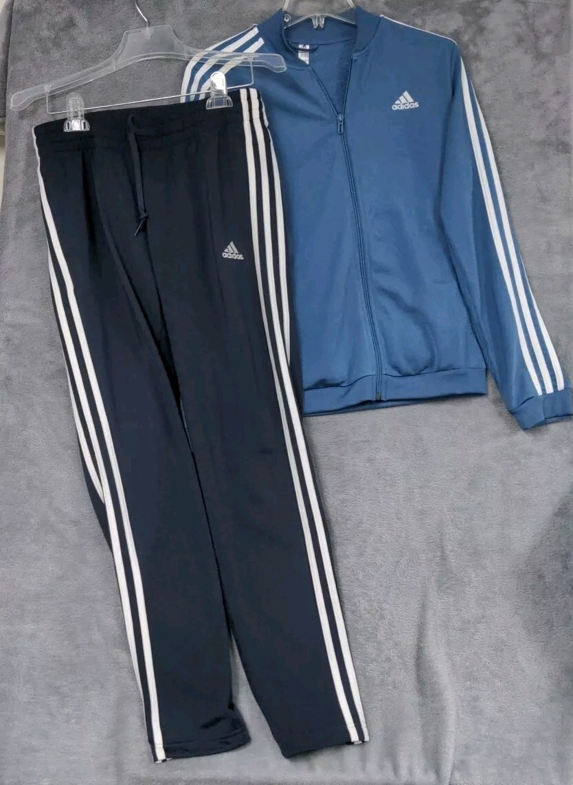 adidas Women's Size S 2-Piece Blue Full-Zip Stripe Track Suit Black Pants  Set