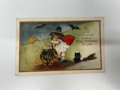 Antique c1910s Halloween Postcard Witch Cauldron Black Cat Bats Whitney Made