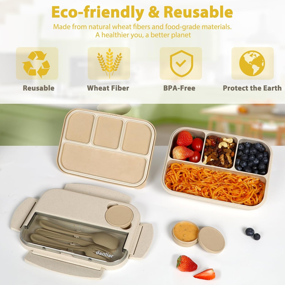 Bento Lunch Box for Kids, Wheat Straw 5.5 Cups Leakproof Adult Bento Box with 2