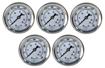 5 PACK LIQUID FILLED PRESSURE GAUGE 0-400 PSI, 2'' FACE, 1/4'' BACK MOUNT