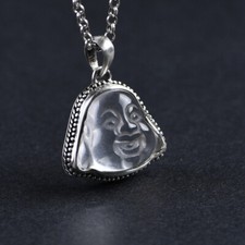 Solid 925 Sterling Silver With Clear Quartz Laugh Buddha Pendant 0.98" Long