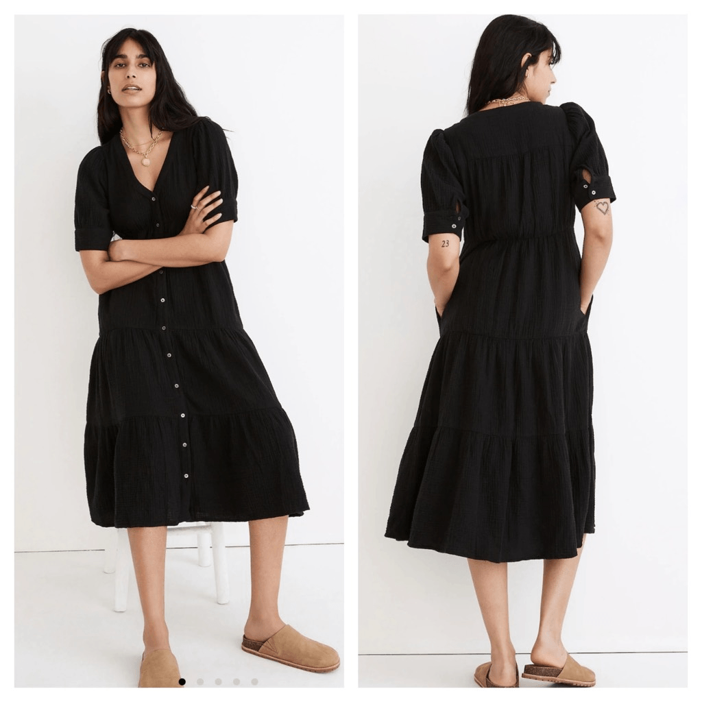 Madewell Lightspun Button-Front Tiered Midi Dress Size 12 black gauze  muslin | eBay
