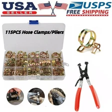 115pcs Hose Clamp Assortment Kit Steel Spring Clip Water Fuel Tube Pipe/Plier US