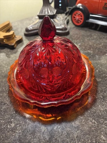 Mosser Glass Inverted Thistle Red/Amberina Covered Butter Dish