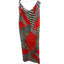 Red Silky Feel Scarf Multi Pattern Houndstooth Chain Links 100 Nylon Oblong