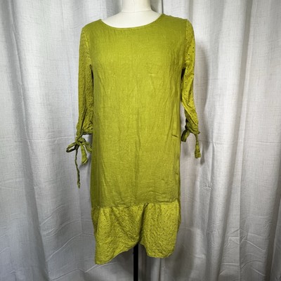 Francesca Bettini Linen Shift Dress Eyelet Lace Tie Sleeve  Medium Green Lined