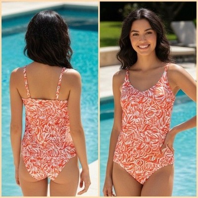 M D Lands end Tulip tankini top Orange and White Leaf Print