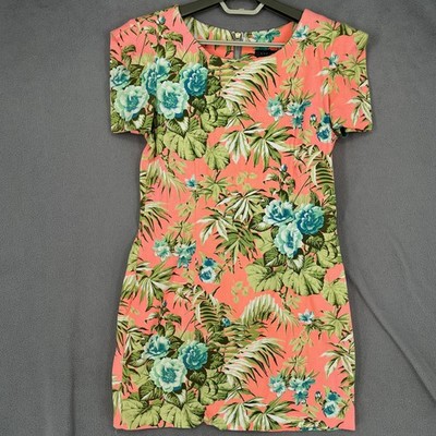 Sheike Dress Womens 14 Pink Green Blue Floral Shift Knee Short Sleeve Zip