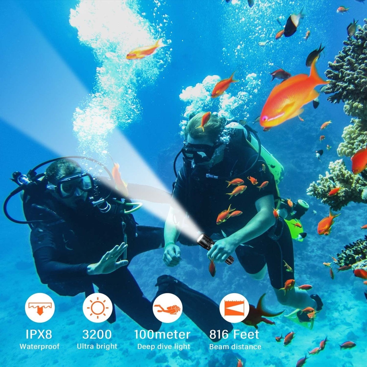 Diving Flashlight, D20 3200 Lumen Scuba Dive Light, Rechargeable