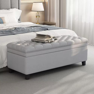 Light Gray 50 In. Tufted Fabric Bedroom Bench with Storage, Solid Birch Legs