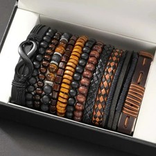 12pcs Set Mens Brown Black Beaded PU Leather Wooden Wristband Bangle Bracelet