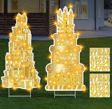 Happy Birthday Yard Sign with Stakes for Birthday Decor LED Lights White Gold...