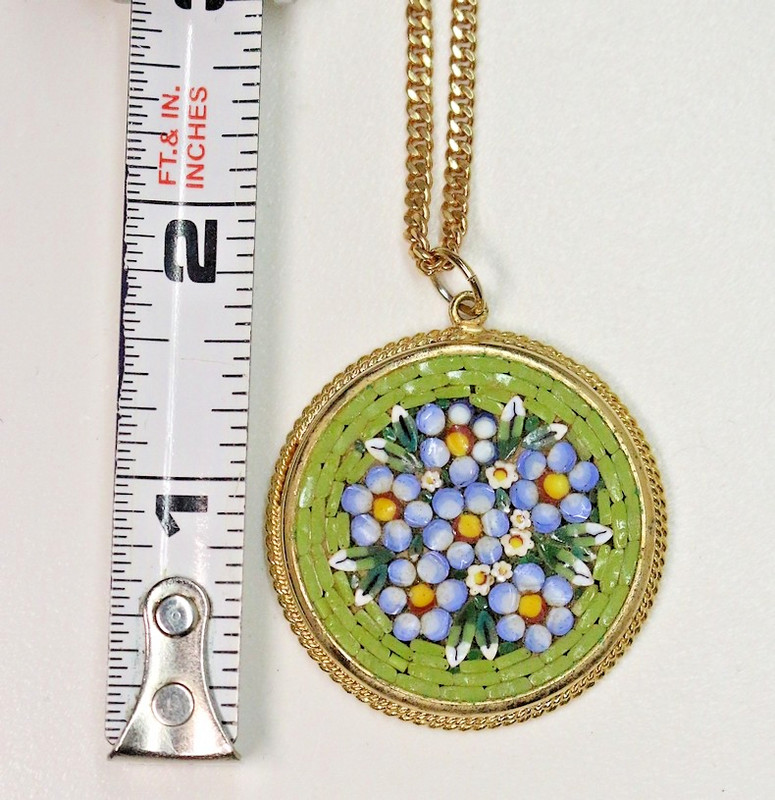 ITALY Micro Mosaic Vintage Blue Flowers Cluster Pendant Necklace