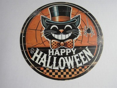 New 7 3/4'' Round Vintage Look Halloween W Grinning Black Cat Metal Sign 